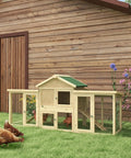 80 Inch Wooden Chicken Coop With Nesting Box And Double Run Design Outdoor Hen House With Removable Tray front view in backyard.