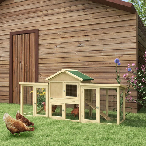 80 Inch Wooden Chicken Coop With Nesting Box And Double Run Design Outdoor Hen House With Removable Tray front view in backyard.