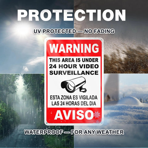 The Real Deal 24 Hour Security Camera Alert Eight By Twelve Inch Reflective Aluminum Yard Sign with bilingual warning about surveillance.