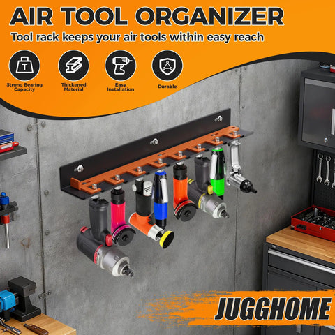 Wall Mount Pneumatic Tool Holder Eight Slot Rack For Garage Shop, Lockable Air Tool Hanger installed on garage wall