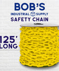 Yellow Plastic Barrier Chain For Safety And Crowd Control, 125 Feet Long And 2 Inches Wide spool against a brick wall backdrop.