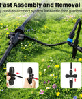 Upgraded 2026 360 Degree Adjustable Drip Irrigation Kit with bendable tubing on grassy lawn, easy push-connect system for garden beds