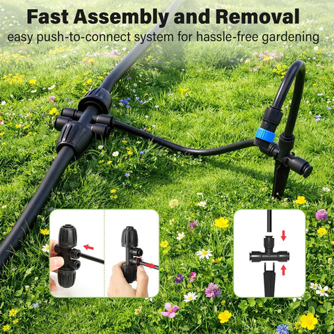 Upgraded 2026 360 Degree Adjustable Drip Irrigation Kit with bendable tubing on grassy lawn, easy push-connect system for garden beds