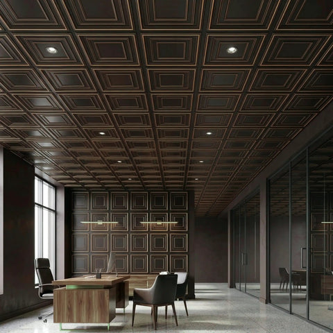 Office ceiling with PVC Ceiling Tile 2x2 Lay In Or Glue Up Covers 40 Sq Ft Antique Copper 10 Piece With Dope Tin Look