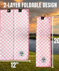 Pink Microfiber Golf Towel With Clip For Women 12x20 Inch Checkered Blue And White Design For Golf Bags unfolded and folded