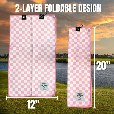 Pink Microfiber Golf Towel With Clip For Women 12x20 Inch Checkered Blue And White Design For Golf Bags unfolded and folded