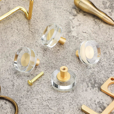 Dope Crystal Glass Cabinet Knobs 8 Pack Gold Brass Drawer Handles For Furniture shown on textured surface