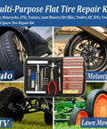 All-In-One 68-Piece Ride-Ready Heavy Duty Tire Repair Kit for cars, motorcycles, trucks, SUVs, RVs with tools and plugs shown.