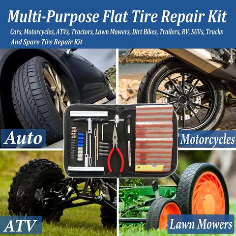 All-In-One 68-Piece Ride-Ready Heavy Duty Tire Repair Kit for cars, motorcycles, trucks, SUVs, RVs with tools and plugs shown.