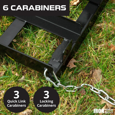 Drag Harrow Driveway Grader Attachment close-up with 6 carabiners, 4 ft heavy gauge welded steel shown on grass.