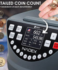Dead On Coin Sorter And Counter Wrapper Machine With Rapid Sorting Functions Handles All US Currency Denominations Includes Forty Eight Preformed Wrappers For Fast Cash Processing showing detailed coin count on display.