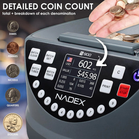 Dead On Coin Sorter And Counter Wrapper Machine With Rapid Sorting Functions Handles All US Currency Denominations Includes Forty Eight Preformed Wrappers For Fast Cash Processing showing detailed coin count on display.