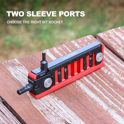 7 In 1 Bike Multitool With Hex Wrenches And Screwdrivers, Ruler, Joint Levers, And Key Ring on wooden surface