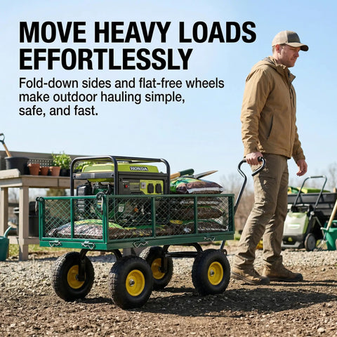 Heavy Duty 1000 Lb Capacity Mesh Steel Garden Cart With 10 In Flat Free Wheels in outdoor setting, loaded with garden supplies.