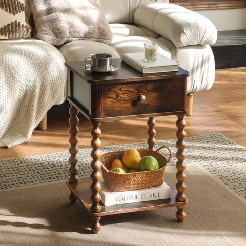 Mid Century Modern Nightstand With Drawer Rustic Walnut Finish And Spindle Wood Legs The Dope Compact Bedside End Table in living room