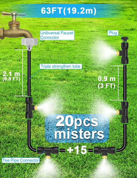 Diagram of Outdoor Patio Misting Kit With 63 Feet Of Line, 21 Brass Nozzles, And Brass Adapter on lawn background