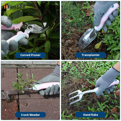 Using tools from Pink 12 Piece Garden Tool Set With Aluminum Hand Tools Non Slip Handles Includes Kneeling Pad Apron Gloves And Organizer Bag A Cool Gift For Women And Garden Enthusiasts