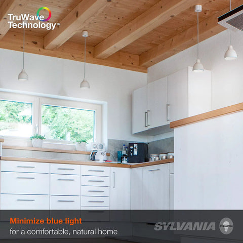 TruWave LED A19 Light Bulbs 8W 60W Equivalent No Fuss Dimmable Clear 5000K Daylight in a modern kitchen with wooden ceiling