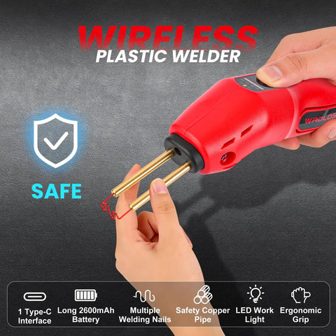 Cordless Plastic Welder Kit With 2600mAh Battery USB C Fast Charge 3 Second Heat To 1380F, highlighting LED light and safety features