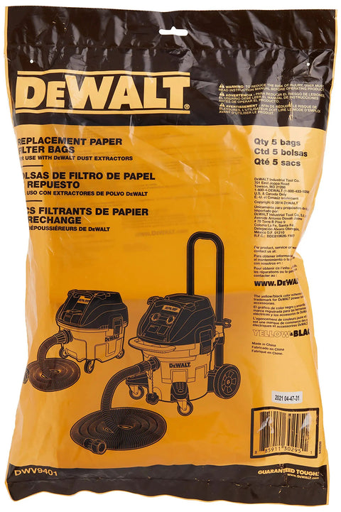 Dust Extractor Replacement Paper Bags 5 Pack For DWV012 Compatible Dust Separator packaging front view