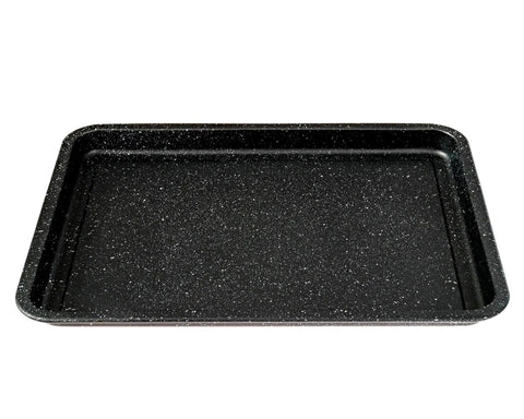 Non-Stick Air Fryer Tray Bakeware Set for Oven 13 by 9 Inch Two Piece with Crisper Pan and Cookie Sheet Stainless Steel With Easy Release Coating No Butter No Oil Needed No Fuss Cleanup Black, showing the black cookie sheet.