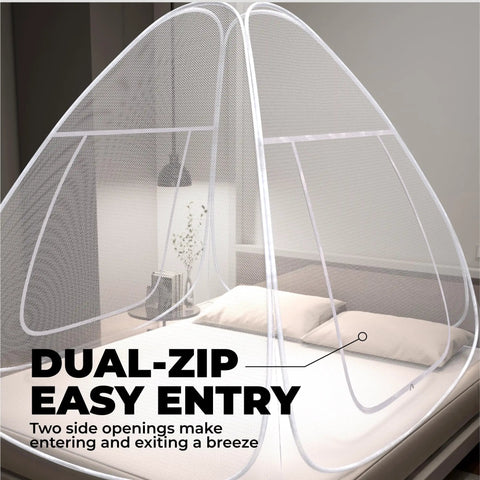 Pop Up Mosquito Net For Bed And Camping Indoor Outdoor Bug Mesh Shelter Lightweight Portable Tent with dual-zip opening on bed.
