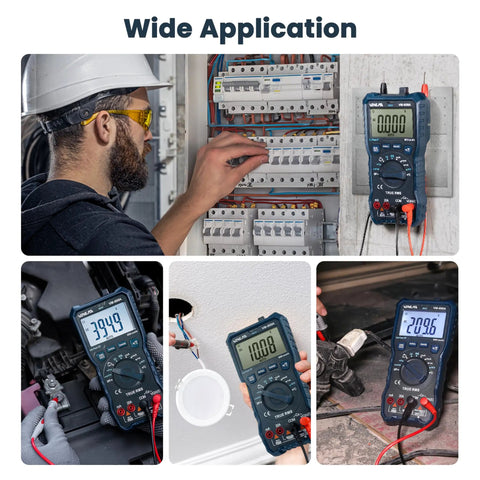 Collage showing TRMS Digital Multimeter With NCV Auto Ranging VM600A in various testing scenarios for DIYers and pros.