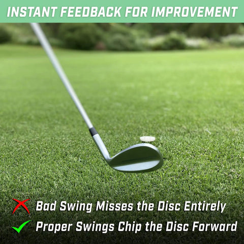 Golf club approaching disc on grass for 24 Pack Golf Training Discs For Realistic Swing Trainer and Ball Contact Practice.