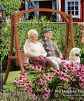 6.7Ft Porch Swing Frame Built Tough Heavy Duty A Frame Stand With 1000lbs Capacity Solid Wood Construction Curved Arc Top Fits 5Ft Porch Swing For Garden Patio Backyard And Indoor Use Brown Finish with elderly couple enjoying garden setting