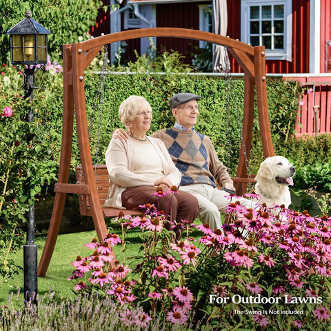 6.7Ft Porch Swing Frame Built Tough Heavy Duty A Frame Stand With 1000lbs Capacity Solid Wood Construction Curved Arc Top Fits 5Ft Porch Swing For Garden Patio Backyard And Indoor Use Brown Finish with elderly couple enjoying garden setting
