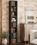 Tall Narrow Bookshelf With Eight Tier Open Cubes Space Saving Corner Bookcase Floor Standing Storage Shelves For Living Room Office Bedroom Super Slim Profile That Crushes Clutter And Keeps Your Setup Lookin Fresh Daily against a textured wall with colorful books and decorative items.