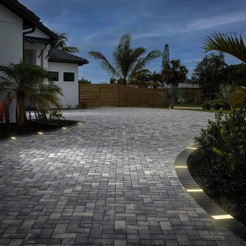 Illuminated driveway with 4x8 Inch Paver Light With 2700K Warm White Glow, Glare Free Driveway And Walkway LED Brick Light, IP67 Waterproof