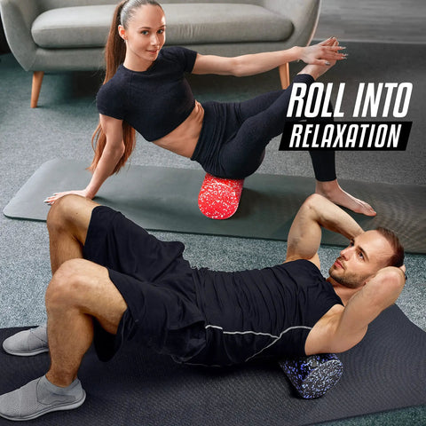 High Density Foam Roller For Back Pain Relief And Deep Tissue Recovery In Yoga And Pilates Warmups, blue speckled 18-inch in use