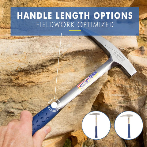 Rock Pick Hammer 22 Oz USA Made Geology Tool with Pointed Tip and Shock Reduction Grip in action on rocky surface