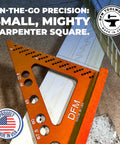 Orange Handy Compact Carpenters Tool with Fixed Miter Angle Pin, precision woodworking square, Made in USA, on a wooden surface.