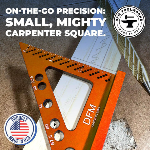 Orange Handy Compact Carpenters Tool with Fixed Miter Angle Pin, precision woodworking square, Made in USA, on a wooden surface.