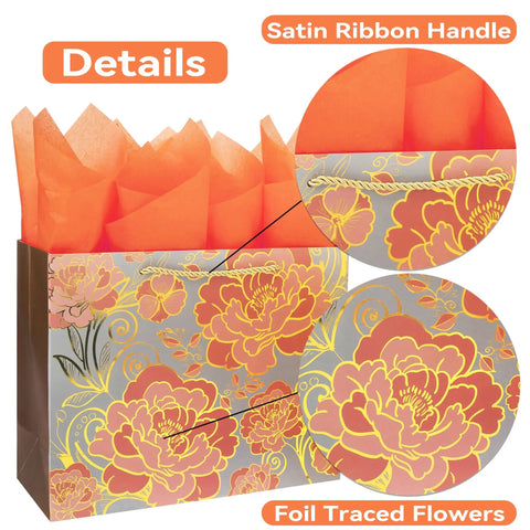 Rose Gold Gift Bag Set With Greeting Card And Orange Tissue Paper That Elevates Your Gifting Game For Birthdays, Mother's Day