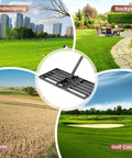 Collage showing Pro Grade Heavy Duty Lawn Leveling Rake With 30x10 Foldable Leveler Plate And 6 Ft Adjustable Stainless Steel Shaft