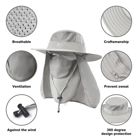 Sun Protection Hat With 360 Degree UPF 50 Shield And Removable Neck Flap For Men And Women, Breathable Light Grey Sun Cap With Face Shield
