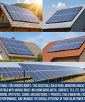 Collage of solar panels on different roof types and ground, using the Solar Panel Mounting Rail Kit For 5x320W Arrays With 8 Aluminum Rails.