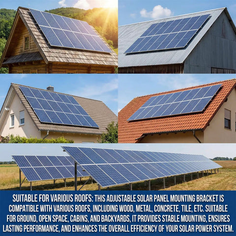 Collage of solar panels on different roof types and ground, using the Solar Panel Mounting Rail Kit For 5x320W Arrays With 8 Aluminum Rails.