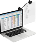 Document Holder For Typing On Laptops And Monitors With Flexible Gooseneck Copyholder Clip On Typing Stand Compact Desk Paper Holder Black 9.75 Inch Wide Built For On The Go Use And Easy Positioning, shown attached to a laptop with a sheet of paper.