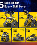 Different models from the 5 In 1 Buildable Robot Kit With Remote Control For Kids Ages 8 To 13 display, each with varied piece counts and skill levels.