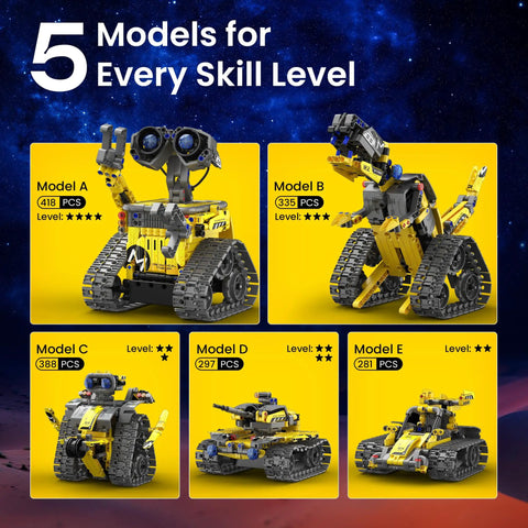 Different models from the 5 In 1 Buildable Robot Kit With Remote Control For Kids Ages 8 To 13 display, each with varied piece counts and skill levels.