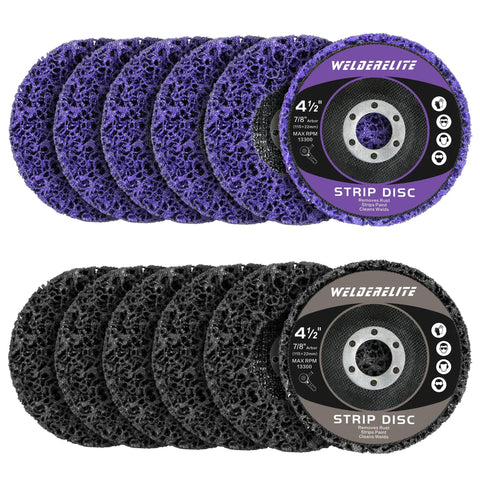 Paint Stripping Disc Set For Angle Grinders 4.5 Inch 12 Pack Dual Color 6 Purple 6 Black Rust Removal Paint Stripping Wheel Discs For Metal Surfaces For All Metals in packaging, showing disc colors and size.