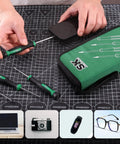 Hella Durable 12 Piece Mini Screwdriver Set Featuring Rock Hard Magnetic Bits And Smooth 360 Degree Swivel For Nitty Gritty Precision and Tech Fixes on black grid mat.