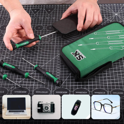 Hella Durable 12 Piece Mini Screwdriver Set Featuring Rock Hard Magnetic Bits And Smooth 360 Degree Swivel For Nitty Gritty Precision and Tech Fixes on black grid mat.