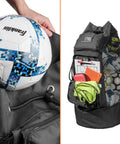 Heavy Duty Large Soccer Mesh Equipment Bag With Adjustable Shoulder Strap, filled with soccer balls, two front accessory pockets visible.