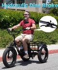 Person riding a Fat Tire Electric Tricycle For Adults Foldable Three Wheel E Trike with hydraulic disc brake focus inset.