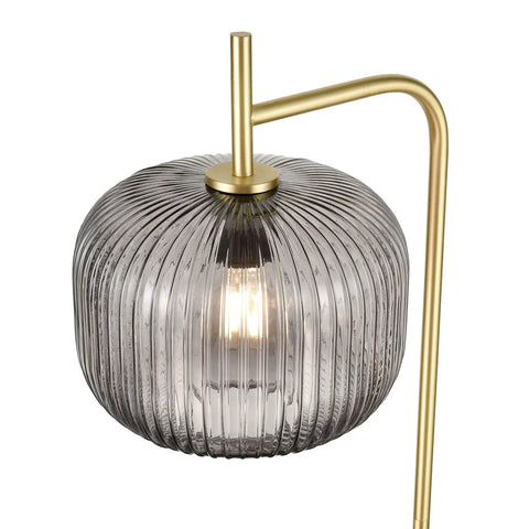 Etched Glass Floor Lamp With Brushed Brass Finish Smoke, Retro Vibe Meets Mid Century Modern Style, Slim Stem Design